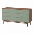 Commode 140 x 45 x 80 cm en bois noyer et vert sauge à 6 tiroirs style rétro
