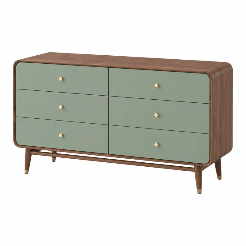 Commode 140 x 45 x 80 cm en bois noyer et vert sauge à 6 tiroirs style rétro
