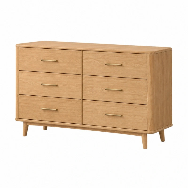 Commode 140 x 45 x 80 cm en bois chêne clair à 6 tiroirs style scandinave