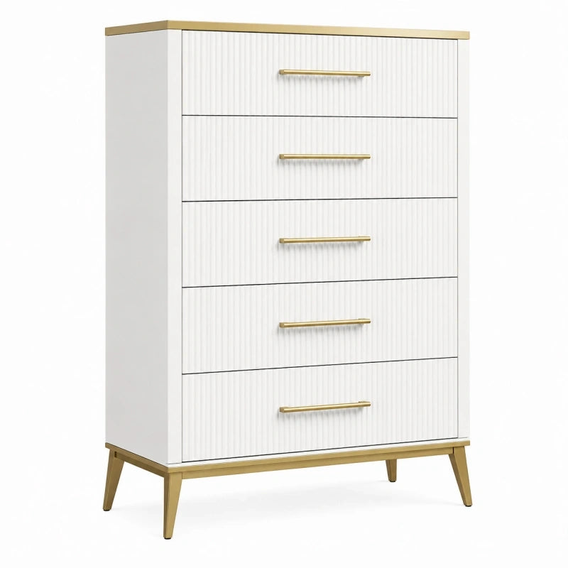 Commode 80 x 40 x 120 cm blanche et dorée à 5 tiroirs style contemporain