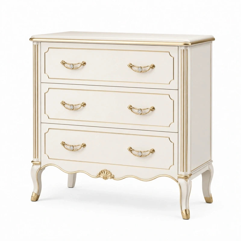 Commode 90 x 45 x 90 cm blanche et dorée à 3 tiroirs style classique