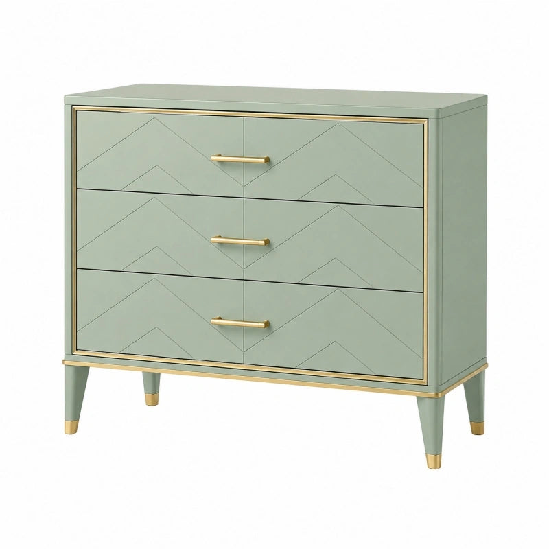 Commode 100 x 40 x 85 cm en panneaux de bois vert sauge à 3 tiroirs style contemporain
