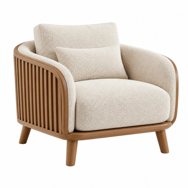 Fauteuil 78 cm en tissu bouclette écru et bois style contemporain