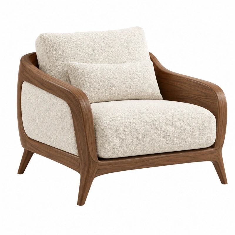 Fauteuil 85 x 82 x 82 cm en tissu bouclette écru et bois brun style contemporain