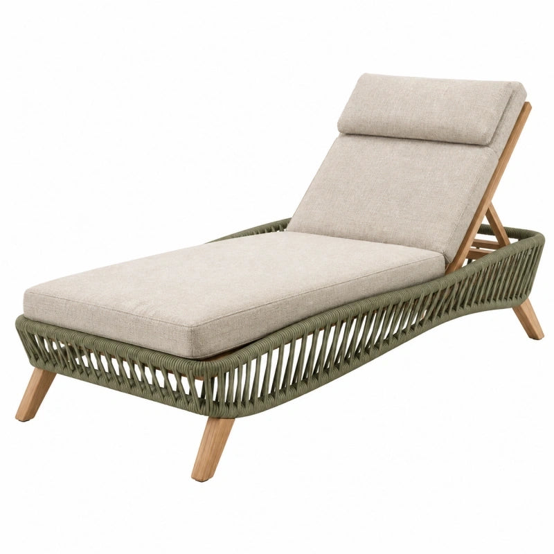 Chaise longue de jardin 200 cm en bois et corde synthétique beige vert kaki inclinable