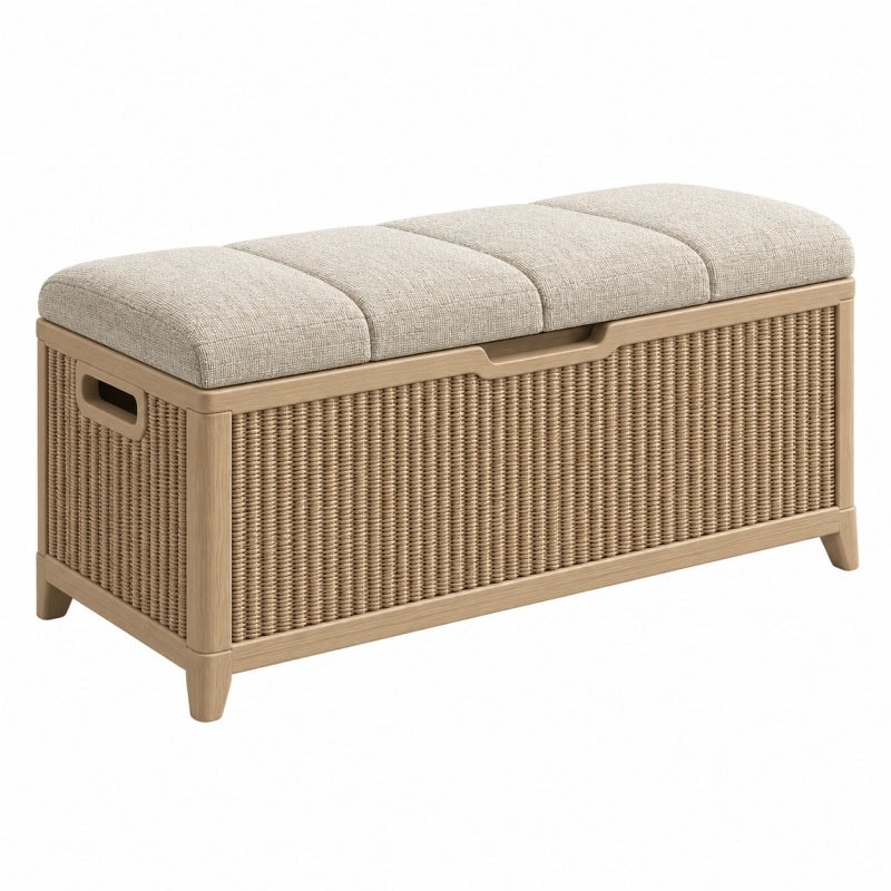 Banc coffre de rangement 100 x 40 x 45 cm en bois et rotin beige avec assise rembourrée style naturel