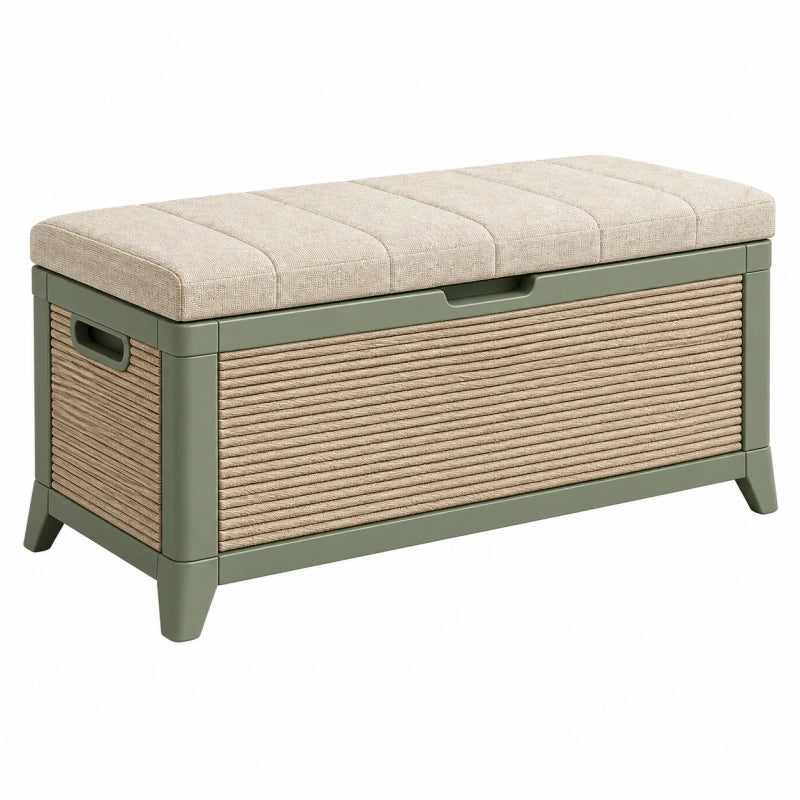 Banc coffre de rangement 100 cm vert et beige avec assise rembourrée style contemporain