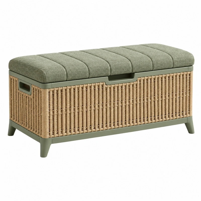 Banc coffre de rangement 120 cm x 45 cm x 50 cm en résine tressée beige et métal vert avec assise rembourrée