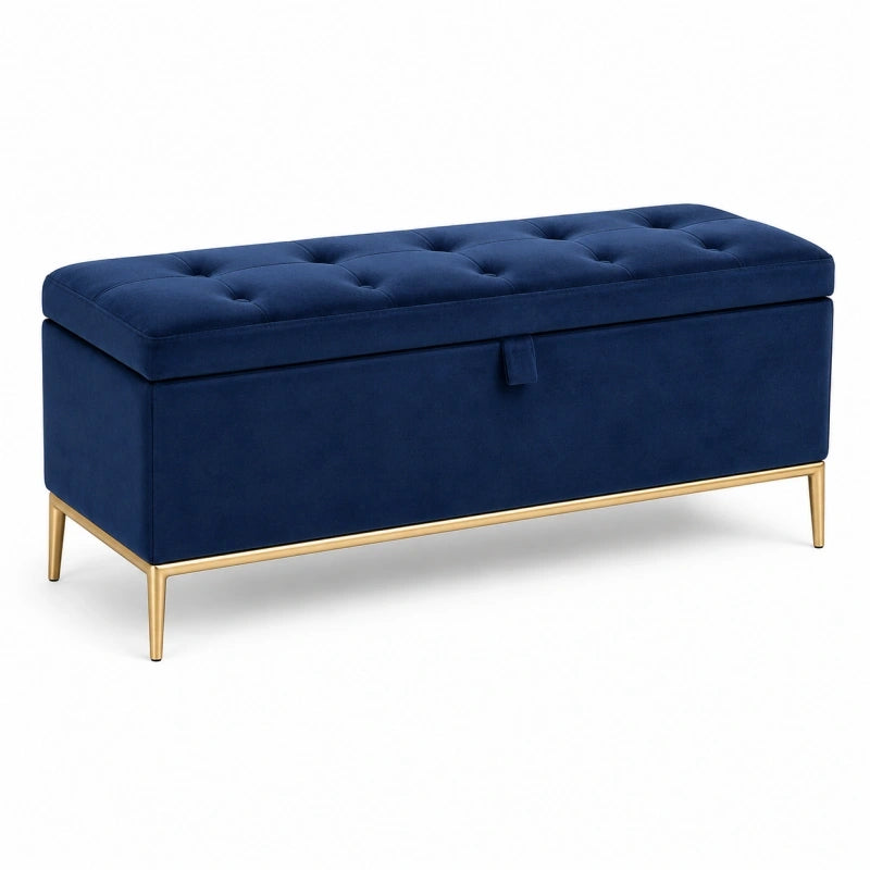 Banquette coffre 110 x 45 x 45 cm en velours bleu avec pieds métalliques dorés